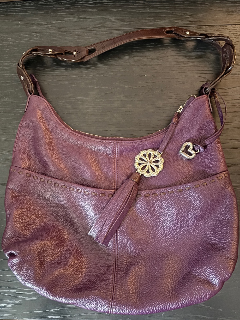 Vintage Brighton Kodiak Purple Leather Hobo Bag with Tassel Charm